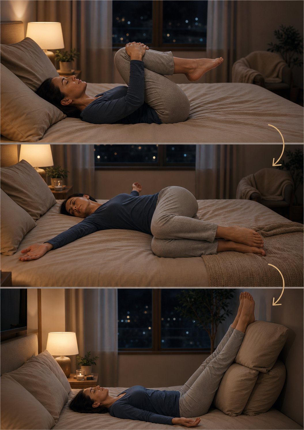 Movimentos suaves de yoga na cama para relaxar o corpo